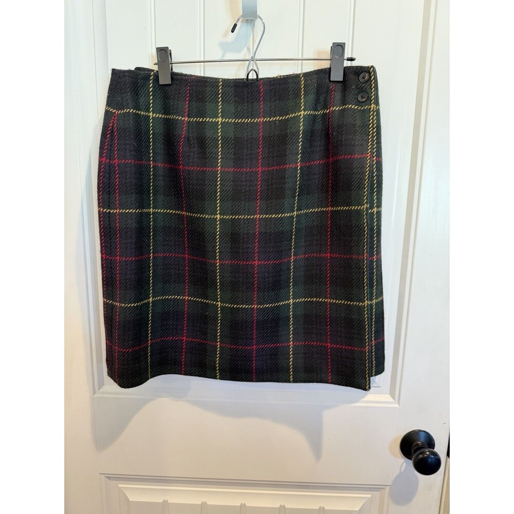 Talbots Women’s Size 14 Wool Plaid Skirt Green Black Red Tartan Lined Preppy